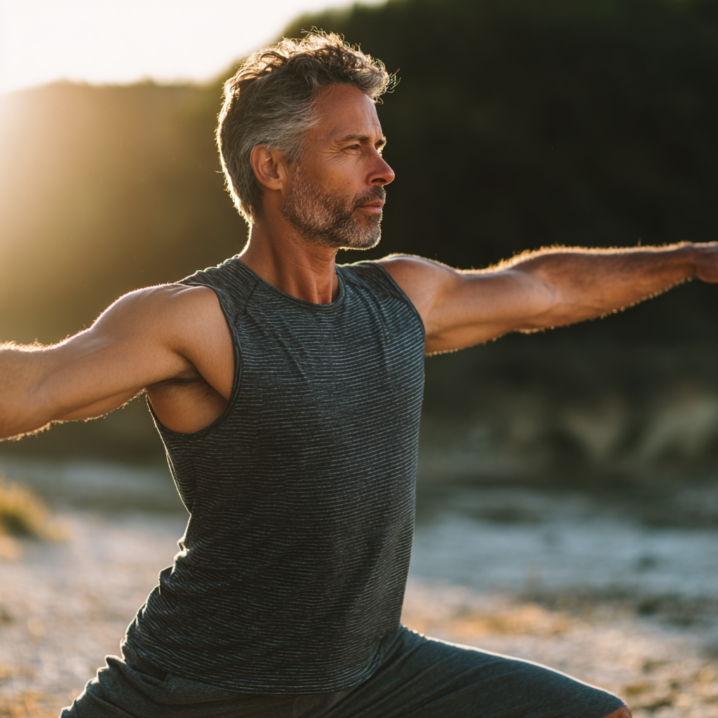 Mature man in his 50s practicing yoga warrior pose outdoors in morning light, demonstrating strength and balance with focused concentration, wearing comfortable athletic wear, representing active lifestyle and wellness for middle-aged adults