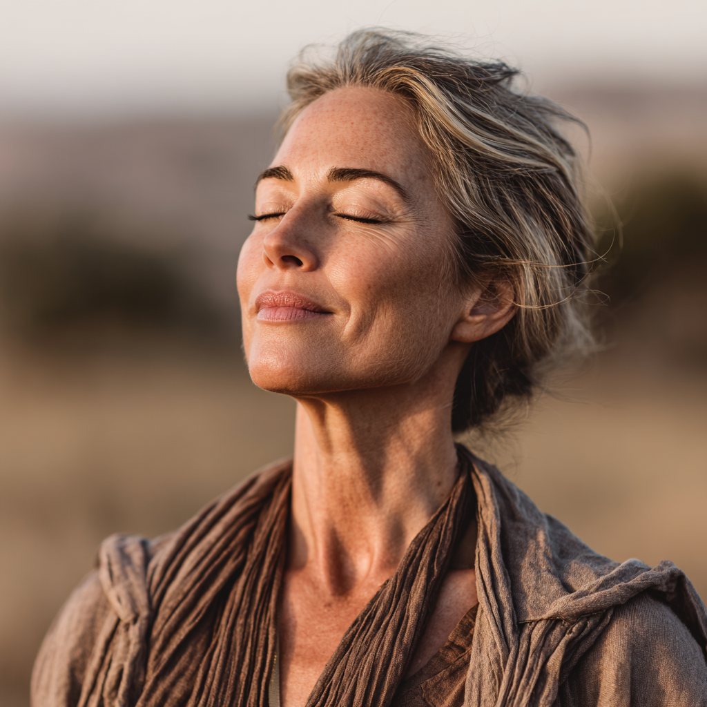 Peaceful woman in her 40s practicing yoga meditation in a serene natural setting with closed eyes and calm expression, wearing comfortable earth-toned clothing, embodying mindfulness and tranquility during her daily wellness routine